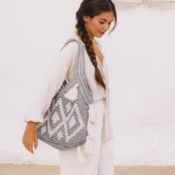 Boho Hippie Tassel Black and White Large Tote Bag - Picture 1 of 4